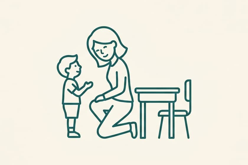 先生が子どもの目線までかがんで話を聞いているイラスト