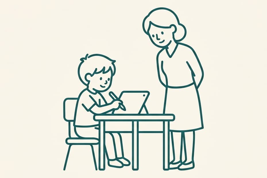 タブレットに向かう子どもの横で、先生が見守っているイラスト