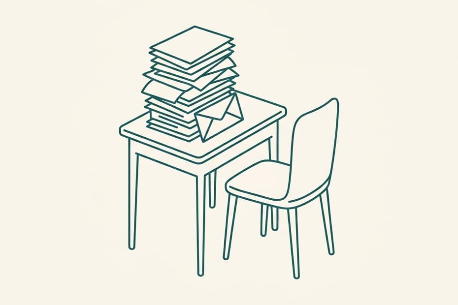 誰も座っていない机の上に書類とお便りが積み上がっているイラスト